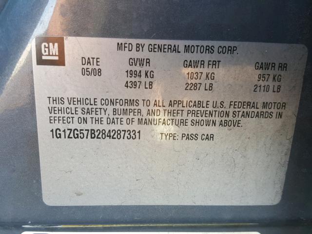 1G1ZG57B284287331 - 2008 CHEVROLET MALIBU LS ნაცრისფერი ფოტო 10