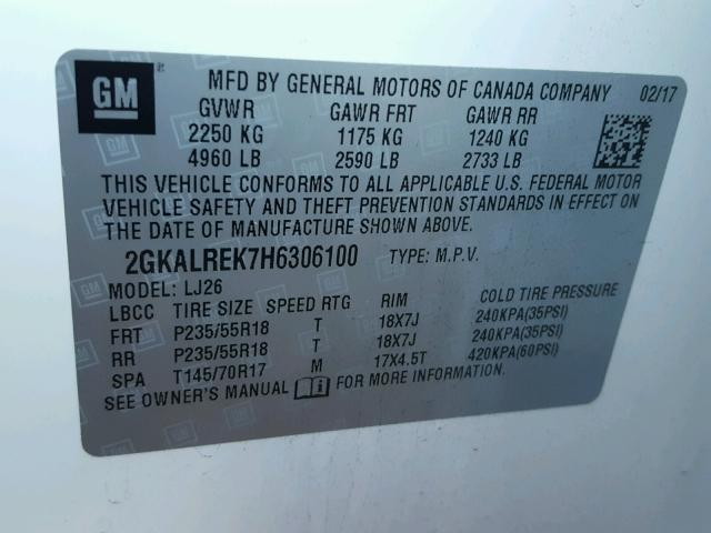 2GKALREK7H6306100 - 2017 GMC TERRAIN DE WHITE photo 10