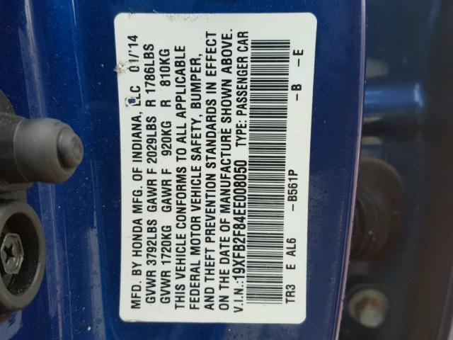 19XFB2F84EE008050 - 2014 HONDA CIVIC EX BLUE photo 10