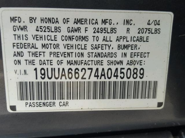 19UUA66274A045089 - 2004 ACURA TL GRAY photo 10