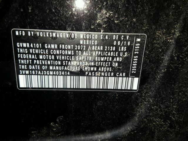 3VW167AJ3GM403414 - 2016 VOLKSWAGEN JETTA S 黑色 照片 10