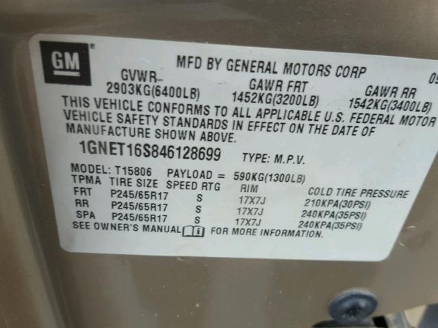 1GNET16S846128699 - 2004 CHEVROLET TRAILBLAZE TAN photo 10