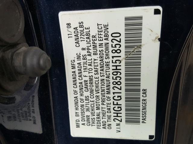 2HGFG12859H518520 - 2009 HONDA CIVIC EX ლურჯი ფოტო 10