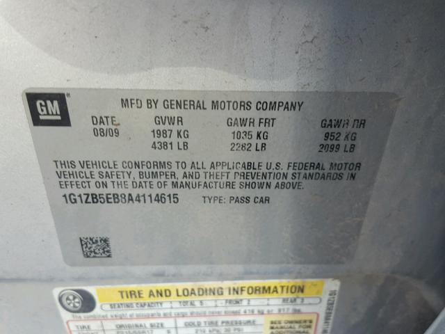 1G1ZB5EB8A4114615 - 2010 CHEVROLET MALIBU LS ვერცხლისფერი ფოტო 10