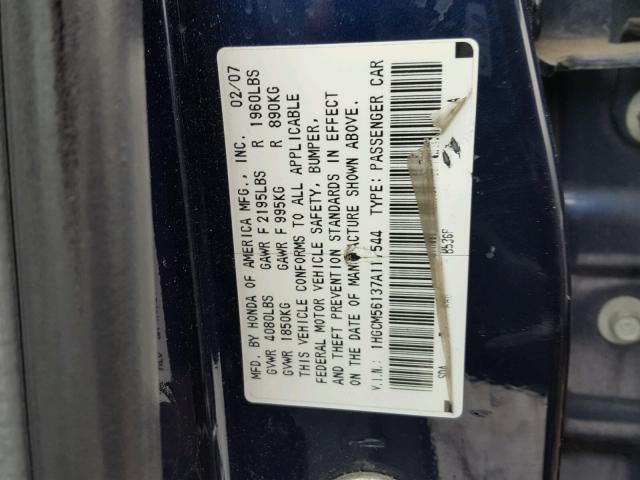 1HGCM56137A117544 - 2007 HONDA ACCORD VAL BLUE photo 10