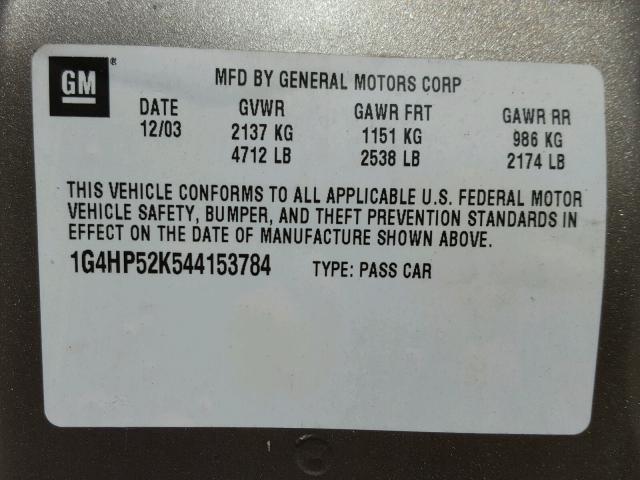 1G4HP52K544153784 - 2004 BUICK LESABRE CU BEIGE photo 10