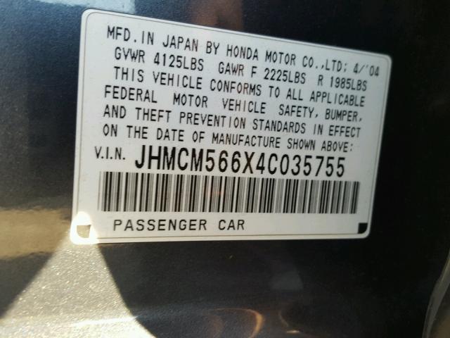 JHMCM566X4C035755 - 2004 HONDA ACCORD EX GRAY photo 10