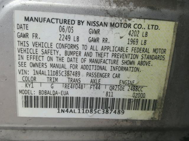 1N4AL11D85C387489 - 2005 NISSAN ALTIMA S GRAY photo 10