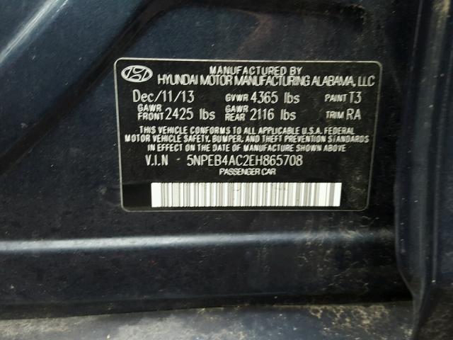 5NPEB4AC2EH865708 - 2014 HYUNDAI SONATA GLS BLACK photo 10