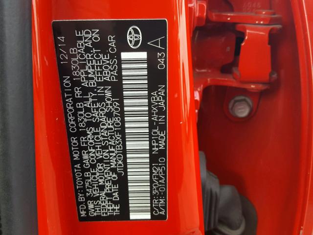 JTDKDTB3XF1087091 - 2015 TOYOTA PRIUS C RED photo 10