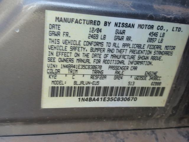 1N4BA41E35C830670 - 2005 NISSAN MAXIMA SE BEIGE photo 10