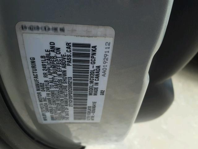 2T1CF28P02C596213 - 2002 TOYOTA CAMRY SOLA GRAY photo 10