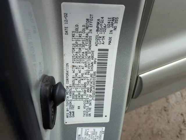 JTEGD21A530055386 - 2003 TOYOTA HIGHLANDER SILVER photo 10