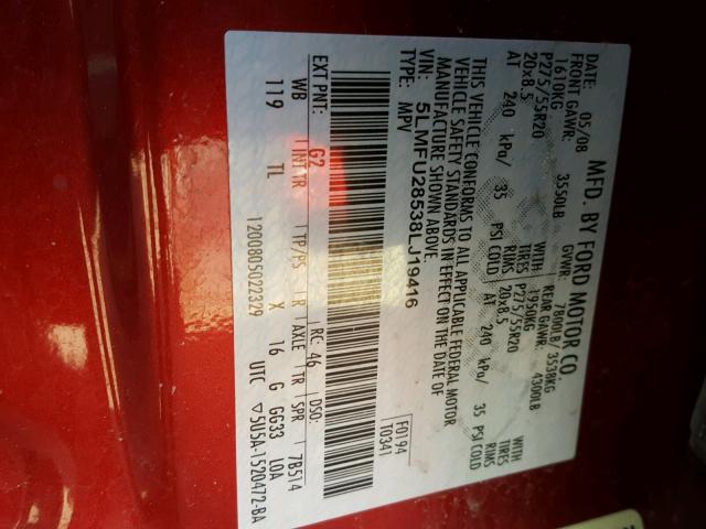 5LMFU28538LJ19416 - 2008 LINCOLN NAVIGATOR წითელი ფოტო 10