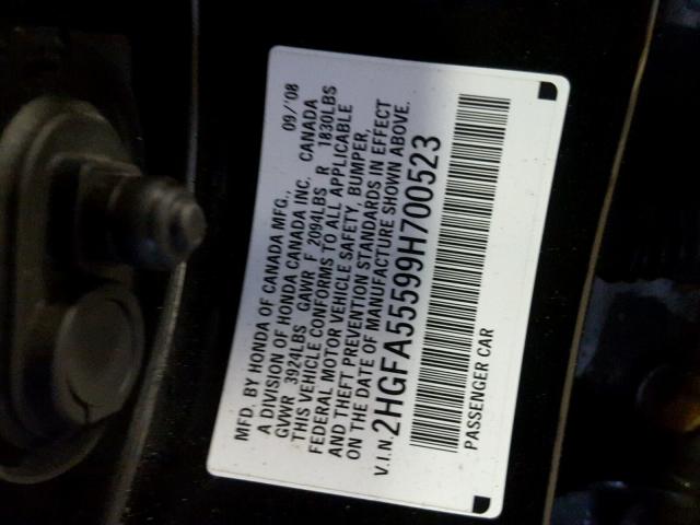 2HGFA55599H700523 - 2009 HONDA CIVIC SI BLACK photo 10