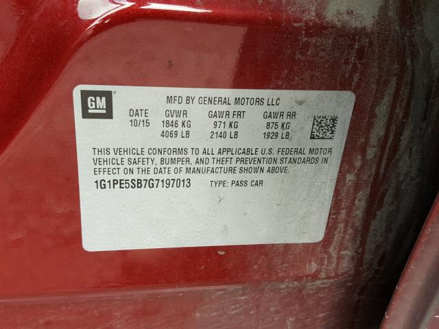 1G1PE5SB7G7197013 - 2016 CHEVROLET CRUZE LIMI BURGUNDY photo 10