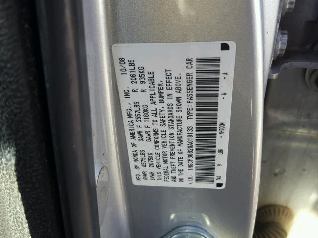 1HGCP36829A019133 - 2009 HONDA ACCORD EXL SILVER photo 10