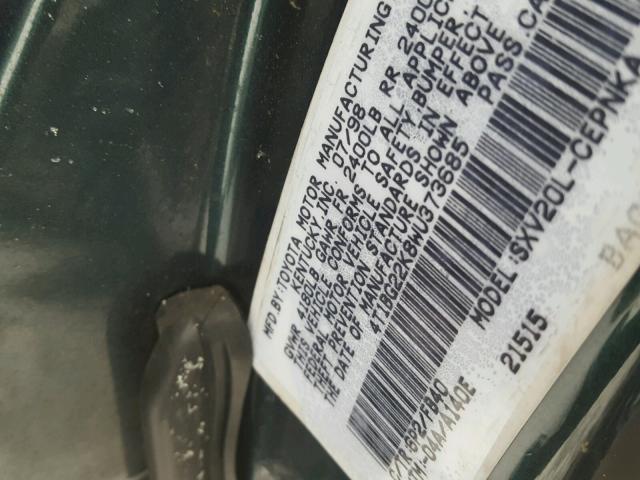 4T1BG22K8WU373685 - 1998 TOYOTA CAMRY CE GREEN photo 10