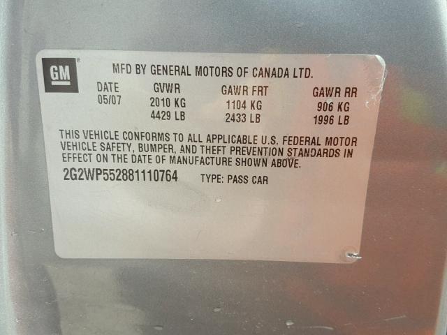 2G2WP552881110764 - 2008 PONTIAC GRAND PRIX GRAY photo 10