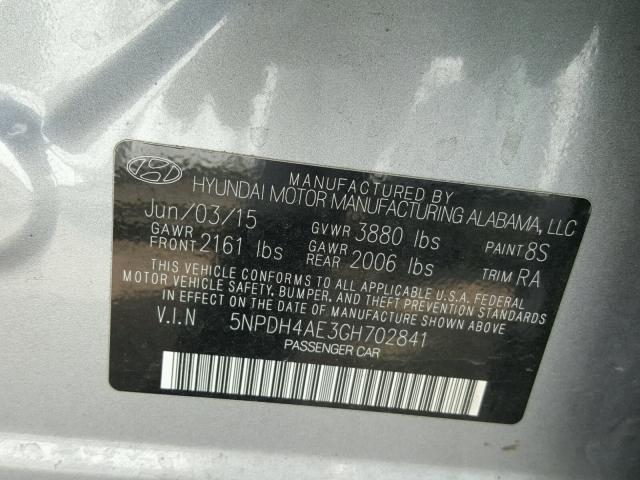 5NPDH4AE3GH702841 - 2016 HYUNDAI ELANTRA SE GRAY photo 10