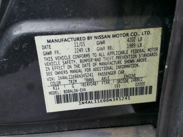 1N4AL11E66N345241 - 2006 NISSAN ALTIMA S GRAY photo 10