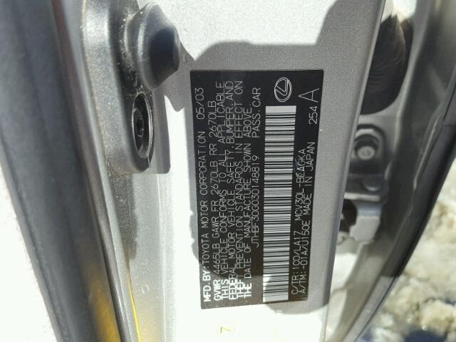 JTHBF30G030148819 - 2003 LEXUS ES 300 SILVER photo 10