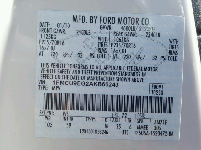 1FMCU9EG2AKB66243 - 2010 FORD ESCAPE LIM WHITE photo 10