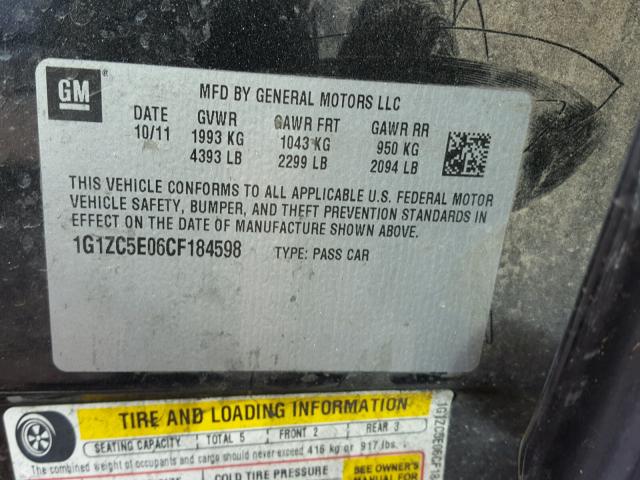 1G1ZC5E06CF184598 - 2012 CHEVROLET MALIBU 1LT BLACK photo 10