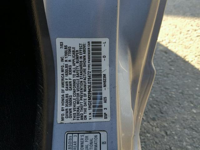 1HGEM22943L076472 - 2003 HONDA CIVIC EX SILVER photo 10
