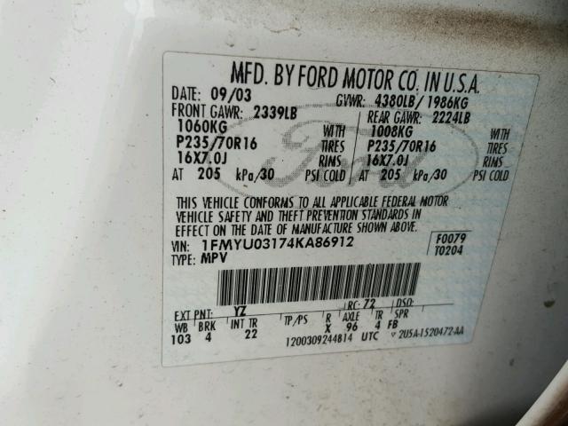 1FMYU03174KA86912 - 2004 FORD ESCAPE XLT WHITE photo 10