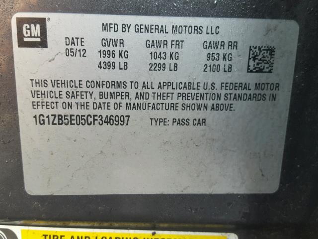 1G1ZB5E05CF346997 - 2012 CHEVROLET MALIBU LS ნაცრისფერი ფოტო 10