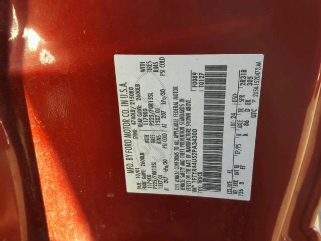 1FTYR44U52PA34300 - 2002 FORD RANGER SUP RED photo 10