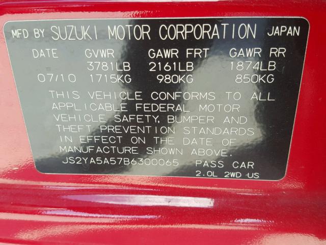 JS2YA5A57B6300065 - 2011 SUZUKI SX4 BASE RED photo 10