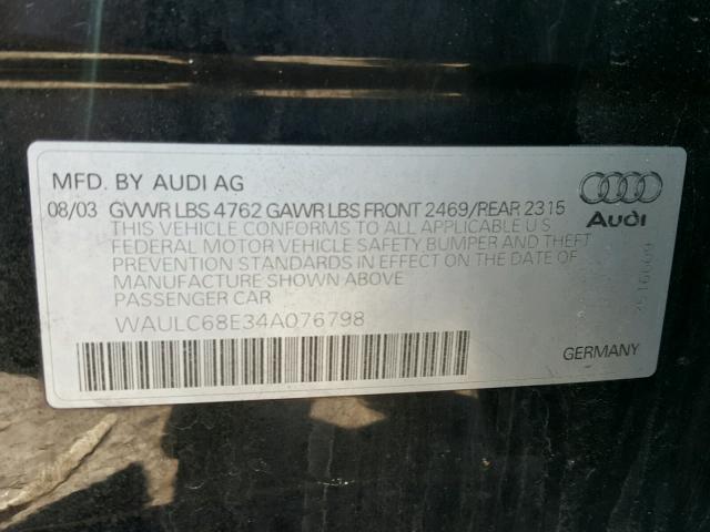 WAULC68E34A076798 - 2004 AUDI A4 1.8T QU BLACK photo 10