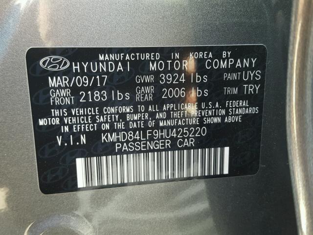 KMHD84LF9HU425220 - 2017 HYUNDAI ELANTRA SE GRAY photo 10