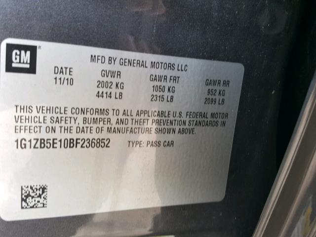 1G1ZB5E10BF236852 - 2011 CHEVROLET MALIBU LS CHARCOAL photo 10