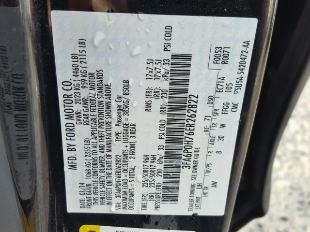 3FA6P0H76ER262822 - 2014 FORD FUSION SE BLACK photo 10