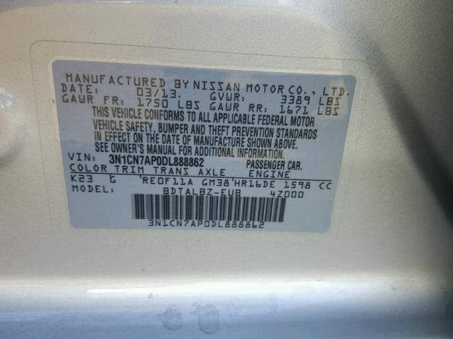 3N1CN7AP0DL888862 - 2013 NISSAN VERSA S SILVER photo 10