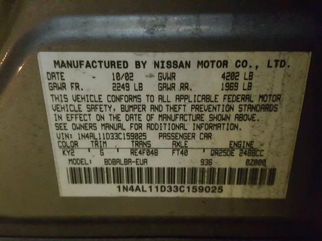 1N4AL11D33C159025 - 2003 NISSAN ALTIMA BAS BROWN photo 10