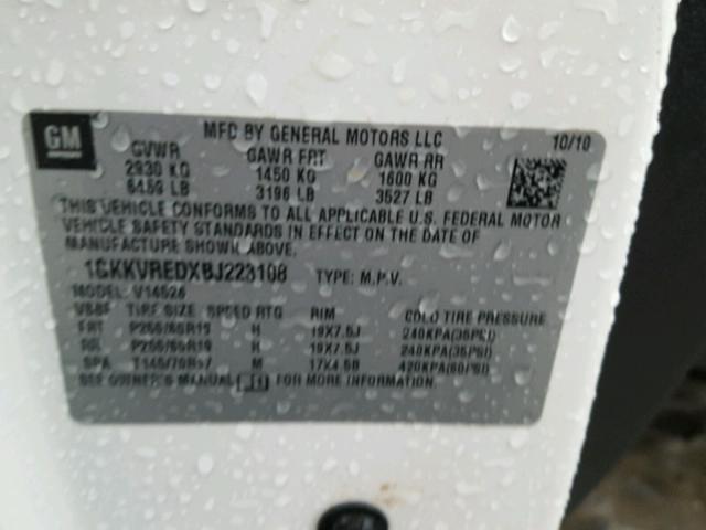 1GKKVREDXBJ223108 - 2011 GMC ACADIA SLT 白色 照片 10