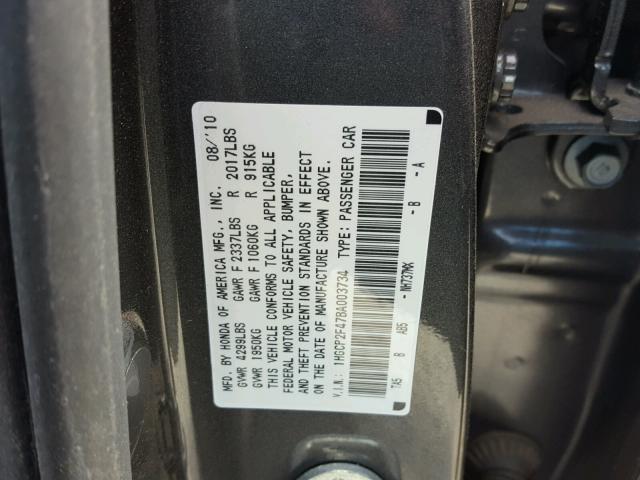 1HGCP2F47BA003734 - 2011 HONDA ACCORD LXP GRAY photo 10