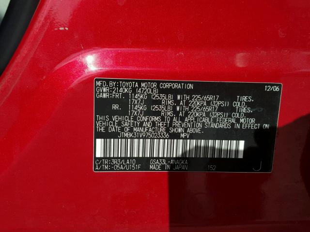 JTMBK31V975023336 - 2007 TOYOTA RAV4 LIMIT RED photo 10