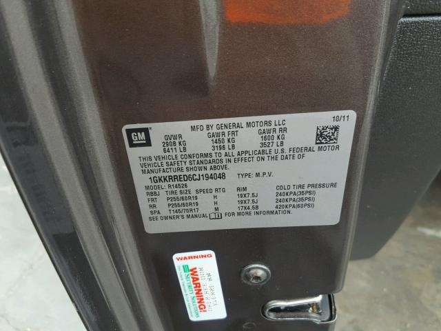 1GKKRRED6CJ194048 - 2012 GMC ACADIA SLT ყავისფერი ფოტო 10