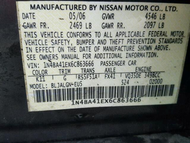 1N4BA41EX6C863666 - 2006 NISSAN MAXIMA SE GRAY photo 10