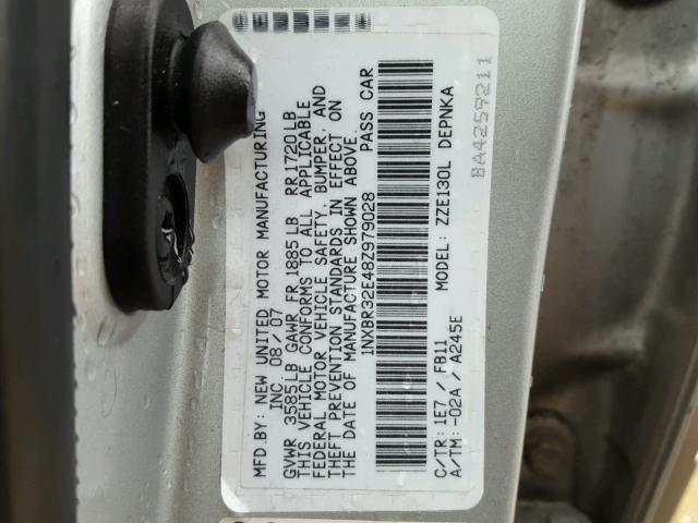 1NXBR32E48Z979028 - 2008 TOYOTA COROLLA CE SILVER photo 10