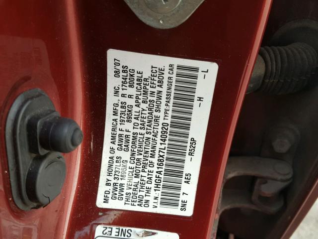 1HGFA168X7L140920 - 2007 HONDA CIVIC EX მუქწითელი ფოტო 10