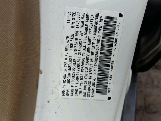 SHSRD78845U310619 - 2005 HONDA CR-V EX WHITE photo 10