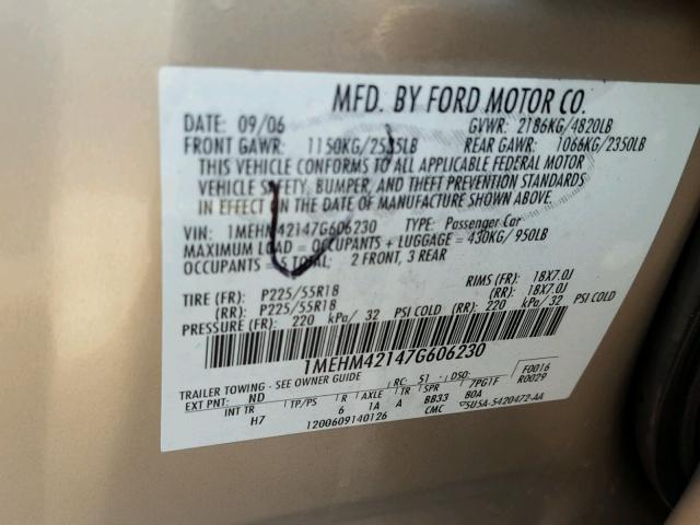 1MEHM42147G606230 - 2007 MERCURY MONTEGO PR 金色 照片 10