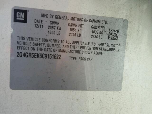 2G4GR5EK6C9151622 - 2012 BUICK REGAL WHITE photo 10