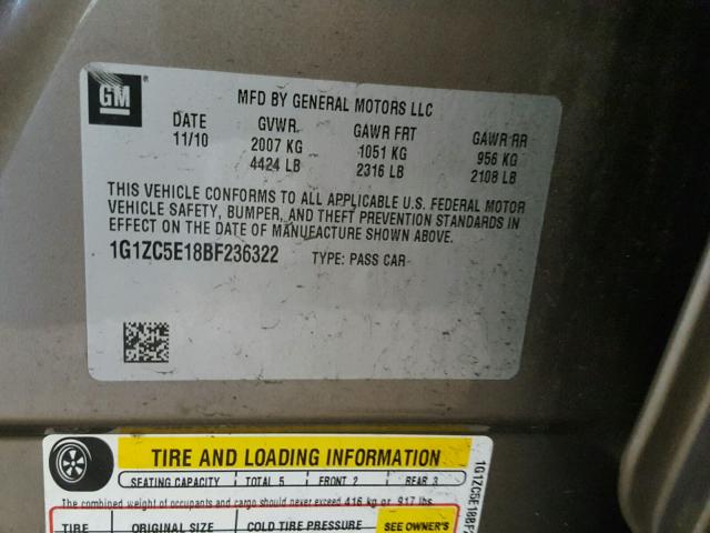 1G1ZC5E18BF236322 - 2011 CHEVROLET MALIBU 1LT 米色 照片 10